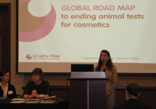 North America Campaign Manager Monica Engebretson presenting at the first congressional briefing on the Humane Cosmetics Act.
