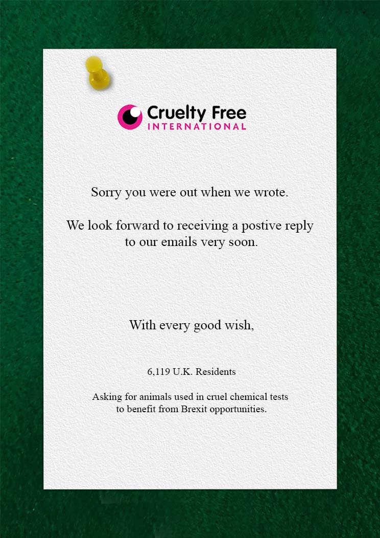 Our letter to Jacob Rees-Mogg, which states "Sorry you were out when we wrote.   We look forward to receiving a postive reply  to our emails very soon. With every good wish,   6,119 U.K. Residents  Asking for animals used in cruel chemical tests  to benefit from Brexit opportunities."