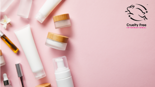 cosmetic products on a light pink background with CFI leaping bunny logo in top right corner