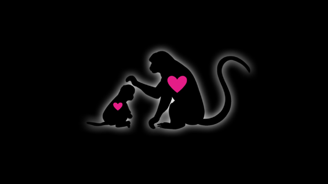 Adult monkey with baby monkey white outline graphic on black background with pink hearts